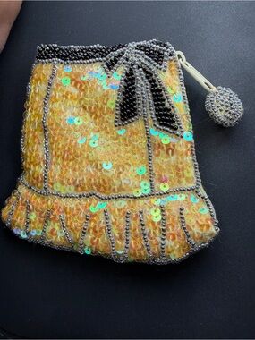 Yellow Beaded Coin Purse Cute Skirt Shape